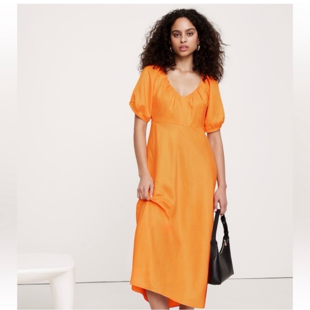 NWT Banana Republic Orange Linen Midi Dress | Size 12 | Summer Vacation
